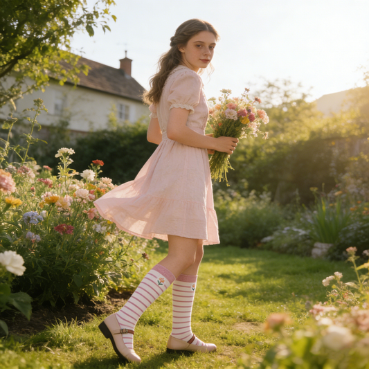 Soft Pink-White Striped Mid-Calf Socks with Floral Embroidery